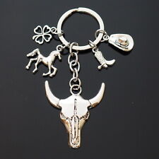 Cowboy Bull Head Horns Hat Boot Spur Horse Lucky Four Leaf Clover Keychain Gift picture