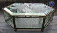  Vintage Hexagonal Acid Etched Heavy Beveled Glass Brass Jewelry Box picture