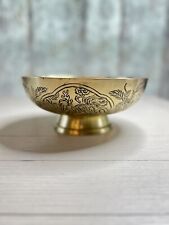 Chinese Solid Brass Footed Bowl Etched w/ Chinese Dragon Signed Asian Decor 10” picture