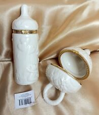 Vintage 2 Hinged Trinket Boxes White Embossed Baby Bottle & Pacifier Baby Shower picture