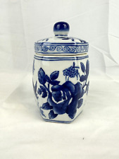 Vintage Lidded Jar Blue and White Porcelain Roses Butterflies Chinese Signed B13 picture
