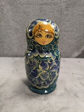 Vintage Russian Nesting Doll Blue Matryoshka Woman Hand Painted 6” picture