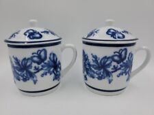 Williams  Sonoma Tea Cup Coffee Mug With Lid Flow Blue Flowers Butterflies Set/2 picture