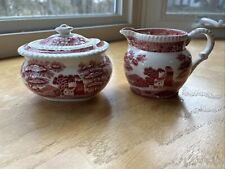 Vintage Copeland Spodes Tower Pink Red Creamer Jug Pitcher and Sugar Bowl W/Lid picture