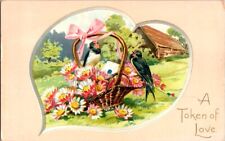 Tuck's Valentine's Postcard Two Swallows & Flower Basket Inside Heart      B-382 picture