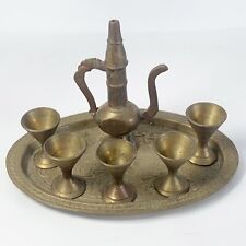 Vintage Brass Turkish Arabic Dallah Tea Set 5 Goblet Cups Teapot Tray picture