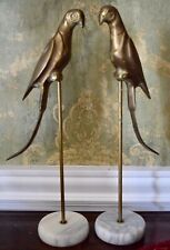 Vintage Mid Century Pair Brass Parrots on Perch Marble Base #8352 picture