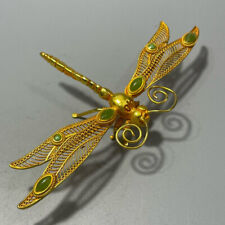 5.1″ Noble Brass copper filigree Lifelike dragonfly gilt gold Statue inlay gem picture