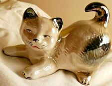 Vintage Glossy Ceramic Stretching Cat Figurine - Brown & Cream - Excellent Shape picture