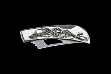 Scrimshaw Dragon Design Stainless Steel Silver Hawk Pocket Knife picture