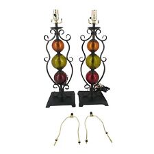 Spanish Gothic Black Scroll Metal Crackle Glass Globe Balls Lamp Pair picture