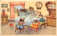 Mainzer Dressed Cat Postcard 407 Family Lunch at Table, Mom & Dad Read Newspaper picture