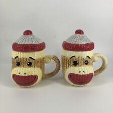 Bandwagon Sock Monkey Ceramic Coffee Cups Coco Mugs with Lids Sweater Hats Pair picture