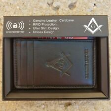 Masonic Black Genuine Leather RFID Slim Wallet Mason Embossed Square and Compass picture