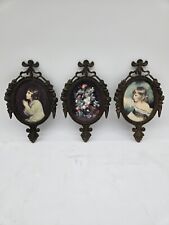 3 Antique Victorian Brass Oval Ornate Picture Frames Girls Flowers Italy 6.5