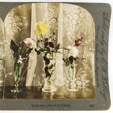 Lily of the Valley Rose Vase Stereoview c1895 Tinted Floral Lace Still Life J189 picture