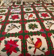 Beautiful  Quilt Holiday Red Poinsettias Cardinals Green Holly Chickadee 2 sided picture