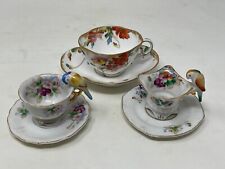 3 Vintage Mini Teacups/Saucers Japan Bird Handle hand painted with gold trim.  picture