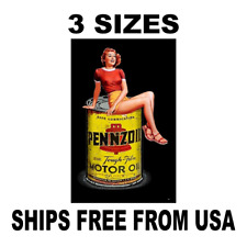 PENNZOIL SIGN STICKER VINTAGE REPLICA MOTOR OIL SEXY WOMAN SITTING ON OIL CAN picture