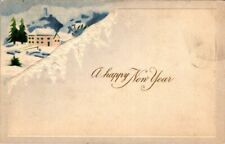 vintage postcard - A HAPPY NEW YEAR winter scene embossed posted 1915 picture