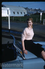 1960 Kodachrome  Photo slide Pretty lady on convertible car hood picture
