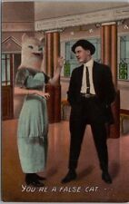 1910s Romance / Anthropomorphic Postcard Girl with Cat Head 
