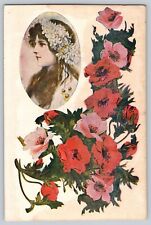 Postcard Beautiful Lady Romantic Classic Dress With Flowers In Her Hair & Border picture