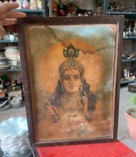 Antique Old Hindu Religious God Krishna & Om Symbol Lithograph Print Framed picture