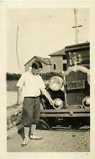 Snapshot B/W Photo Boy Standing in Front of Old Car 2-3/4x4-1/2 picture