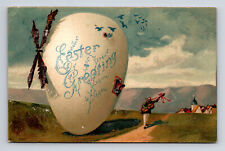 Fantasy Easter Greetings Giant Windmill Egg Guitrar Serenade Woman IPCC Postcard picture