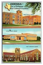 Odessa, TX Texas, Multi View Churches & Library, Linen Postcard Posted 1940 picture