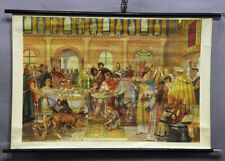 vintage rollable wall chart picture poster Medieval banquet living room history picture