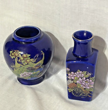 Kutani Cobalt Blue Vases Set of 2 Vintage Marked Japan Handpainted Floral Design picture
