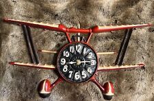 Vintage 1974 Sexton Red Airplane Biplane Clock Metal Wall Art Decor 21