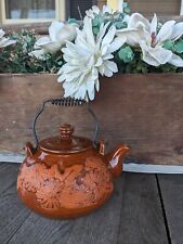 Vintage Japanese Red Clay Floral Teapot w/ Iron Coil Handle picture