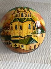 NWOT Russian/Ukrainian Black Wood Hand Painted Round Gift Box Church Scene Mint picture