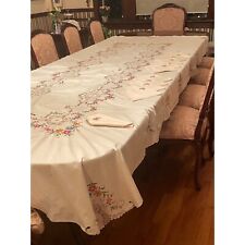 Vintage Tablecloth & Napkins Italy Hand made Cross Stitch Floral Multicolored picture