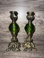 Vintage Mid Century Green Lucite Candlestick Pair Brass picture