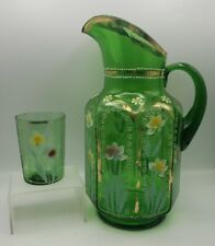 Northwood Glass Co. Green Water/Lemonade Pitcher w/Enamel Flowers & Tumbler EAPG picture