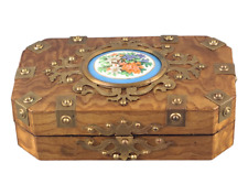 Antique French Brass Mounted Tiger Maple Jewelry Box W Hand Painted Medallion picture