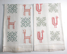 2 VTG 1950's Irish Linen Guest Towels Hand Embroidered DEER ROOSTER Christmas picture