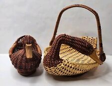 Lot of 2 Vintage Wicker Duck Baskets - Woven Rattan w/ Wood Beak - Boho picture