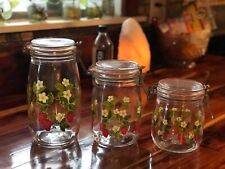 VINTAGE ARC Strawberry Glass Jar Set Metal Snap Lids 3 PIECE SET picture