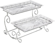 2 Tiered Glass Buffet Serving Tray Chrome Plated Platter Stand With Starburst  picture