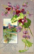 vintage postcard - NEW YEAR WISHES flowers and spring scene embossed posted 1914 picture