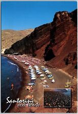 Santorini Red Beach Greece Umbrellas Mountain Postcard picture
