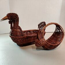 (2) VTG Rattan Wicker Woven Duck Turkey Goose Basket Wooden Beak & Small Rabbit picture