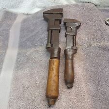 Lot Of 2 Vintage Antique Wooden Handle Adjustable Monkey Wrenches picture