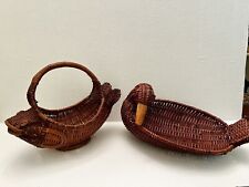 Vintage Wicker Wrapped  Woven Rattan Duck & Fish Basket Lot Of 2 BOHO DECO. picture