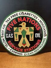 1949 VINTAGE ''FIVE NATIONS STATIONS GAS & OIL PUMP PLATE 12 INCH PORCELAIN SIGN picture